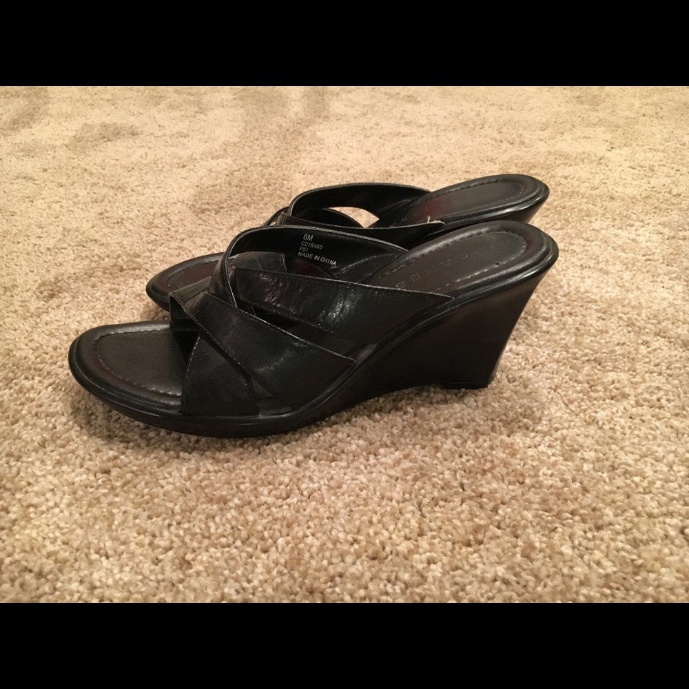 Black Leather Wedge Sandals